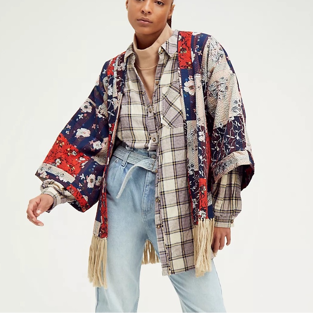 NEW Free People Cherry Blossom Patchwork Kimono Fringe Tie Jacket O/S Z133-2